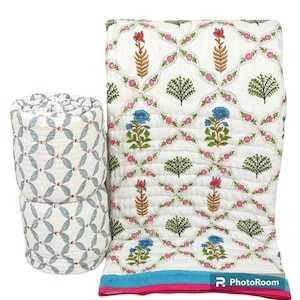 Block Printed Quilted Throw Blanket 100% Cotton Quilt, Cover for Couch and Bed, Sage Lap Bedding Coverlet, Luxury Oversized Quilted Throw