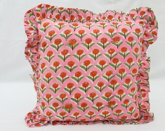 Hand Block Printed Floral Pillow Cover: 100% Cotton Cushion