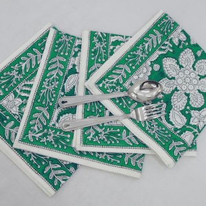 Hand Block Print Cotton Napkin: Green Floral Dinner Napkin