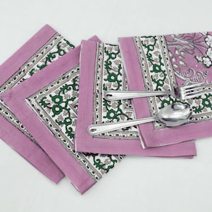 Cotton Hand Block Print Napkin: Pink & Green Floral, Reusable Cloth