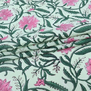 Pink, Green and White block print floral fabric, 100% linen fabric by the yard, pure cotton block print fabric by the meter