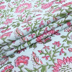 Pink, White and Green block print floral fabric, 100% linen fabric by the yard, pure cotton block print fabric by the meter