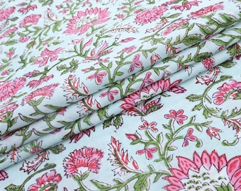 Mughal Floral Block Print Fabric: Pink, White & Green Linen Cotton Blend