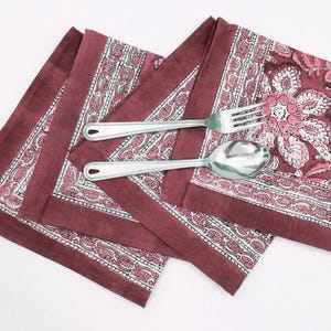 Red Floral Hand Block Print Cotton Napkin: Cocktail or Dinner