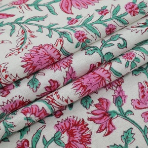 Pink and green colour block print floral fabric, 100% linen fabric by the yard, pure cotton block print fabric by the meter