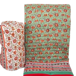 Block Printed Quilted Throw Blanket 100% Cotton Quilt, Cover for Couch and Bed, Sage Lap Bedding Coverlet, Luxury Oversized Quilted Throw