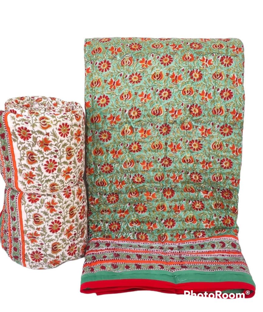 ハンドメイドブロックプリントキルティングスローブランケット：セージ