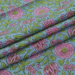 Mughal Floral Block Print Fabric: Pink, Green & Blue Linen or Cotton