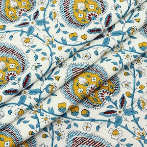 Blue and Yellow Blockprint Fabric, Pure Cotton Fabric, Fabric by the Yard, Handstamped