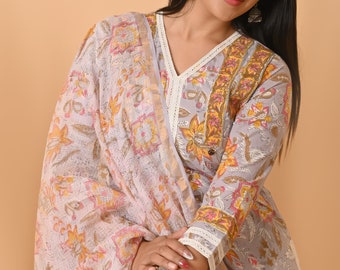 Pure Cotton Purple Kurta And Pink Colour Hand Block Floral Print and Light Orange Pants And Pink Colour Dupatta