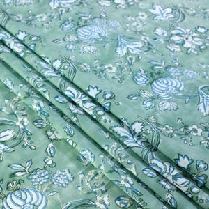 Green and White Colour Pure Cotton Hand Block Print Indian Floral Fabric by the Yard, Fabric by the meter