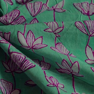Green and Pink block print floral fabric, 100% linen fabric by the yard, pure cotton block print fabric by the meter