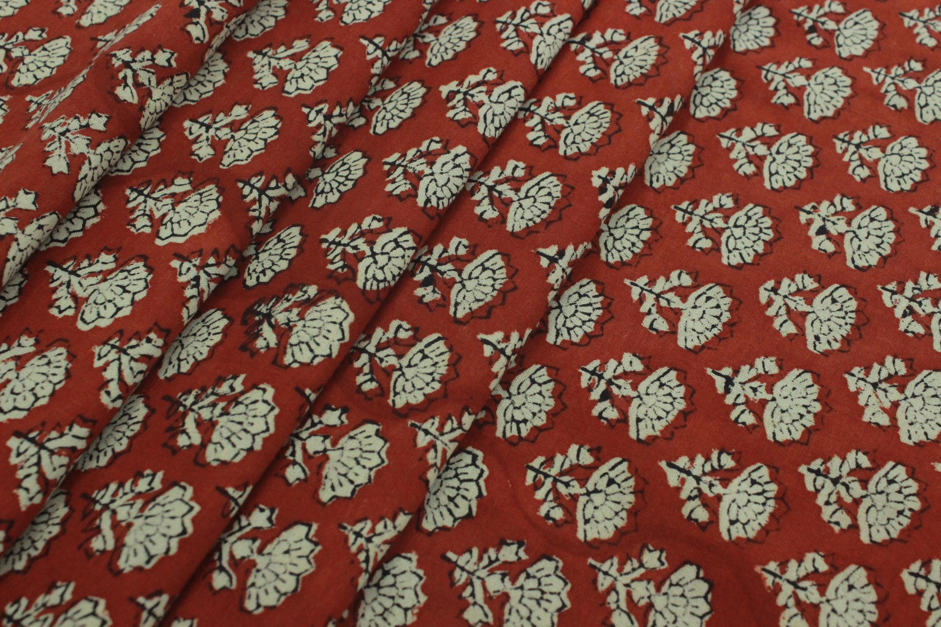 Red & Beige Floral Block Print Fabric: 100% Linen or Cotton by the Yard