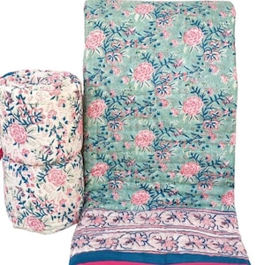Block Printed Quilted Throw Blanket 100% Cotton Quilt, Cover for Couch and Bed, Sage Lap Bedding Coverlet, Luxury Oversized Quilted Throw