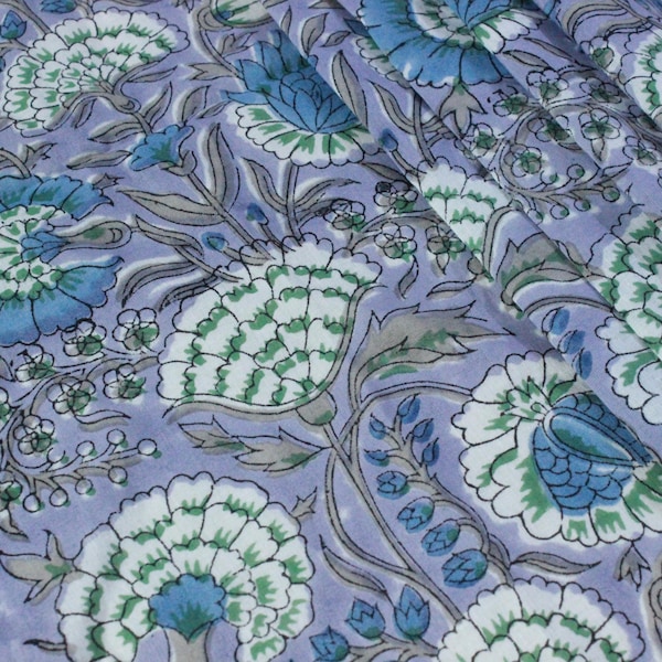 Hand Block Print Cotton Fabric: Purple & Blue Floral, Indian Textile