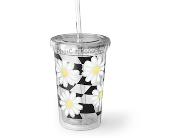Checkered Daisy 16oz Cold Cup | Clear Acrylic Tumbler | Aesthetic Tumbler | tumbler with lid and straw l Reusable l Libbey l Retro Aesthetic