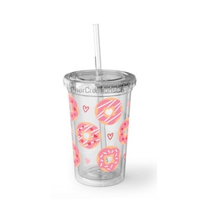 Donut&Hearts 16oz Cold Cup,Clear Acrylic Tumbler,Aesthetic Tumbler,tumbler with lid and straw,Reusable,Libbey,Gift for Her,Gift for Friend