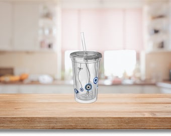 Onda ögat med band 16oz kall kopp, klar akrylmugg, estetisk tumbler, tumbler med lock och sugrör, återanvändbar, Libbey, dubbelisolerad, trendig