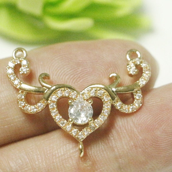 4pcs+zirconia inlaid heart-shaped earring pendant, 2 rings, gold-plated, rhinestone jewelry pendant, pendant connector, jewelry making