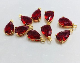 Garnet Red Glass Teardrop Pendants - Faceted Glass Jewelry Charms - Red & Gold - Hand-set Zircon - DIY Jewelry Accessories Supply - 8*12mm