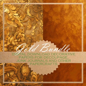 Pacchetto Oro: carta per decoupage/CARTE DIGITALI da scaricare, creare cartoline, diari e altro / 40 bellissime immagini stampabili per creazioni con la carta
