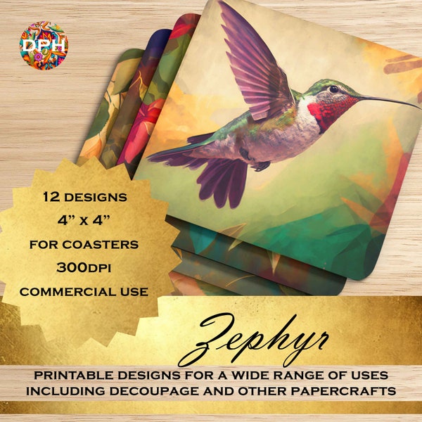 Printable 4"x4" images / ZEPHYR theme / for coasters, greetings cards, decoupage, papercrafts / 12x beautiful hummingbird portrait designs