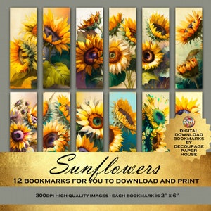 Tournesols : signets numériques imprimables - il suffit de télécharger et d'imprimer - 12x magnifiques motifs floraux d'un fournisseur d'artisanat de découpage 5 étoiles