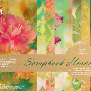 Scrapbook Heaven 1: 50x printable 8x11 inches DIGITAL PAPERS for download, collage, junk journals, decoupage & papercraft/ pink, green, gold