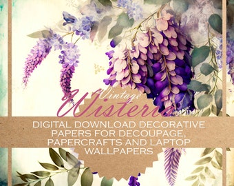 Glycine vintage : découpage shabby chic floral imprimable papiers numériques pour papercraft & ordinateur portable arrière-plans numériques/papiers décoratifs (x12)