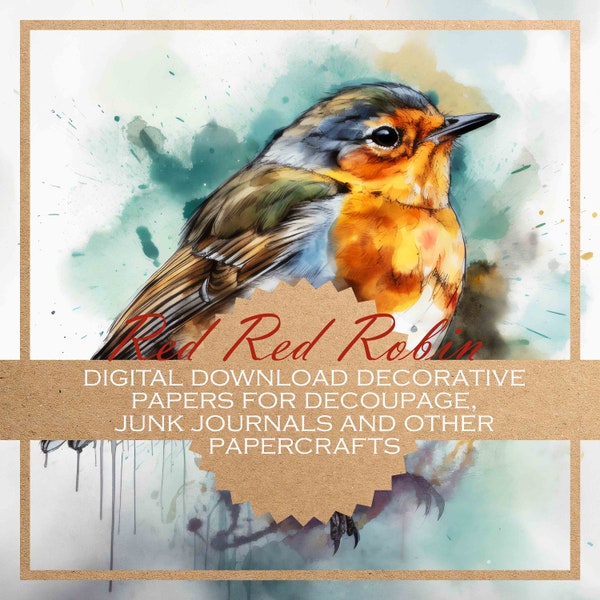 Red Red Robin: papel decoupage de pájaros 12x diseños/ PAPELES DIGITALES para todo tipo de manualidades en papel, revistas y fondos digitales/imprimibles