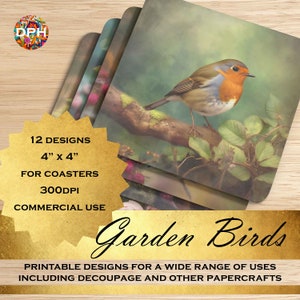 Images imprimables 10 x 10 cm / thème GARDEN OISEAUX / pour sous-bocks, cartes de voeux, découpage, créations en papier de toutes sortes / 12 beaux motifs