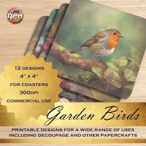 Printable 4"x4" images / GARDEN BIRDS theme / for coasters, greetings cards, decoupage, paper crafts of all kinds / 12x beautiful designs