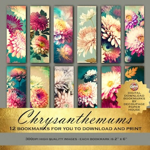 Chrysanthèmes : marque-pages numériques imprimables - il suffit de télécharger et d'imprimer - 12 magnifiques motifs floraux d'un fournisseur d'artisanat de découpage 5 étoiles