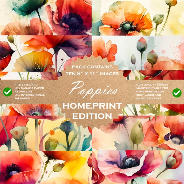 Remember: Poppies - printable decoupage papers, Home Print DIGITAL PAPERS / papercraft, card-making, journals & more / 8x11 format papers