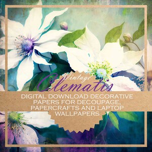Vintage Clematis: decoupage shabby chic floral printable DIGITAL PAPERS for papercraft  & laptop digital backgrounds/decorative papers (x12)