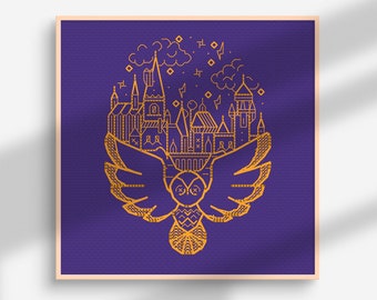 Schema punto croce gufo magico: castello fantasy (schema PDF)