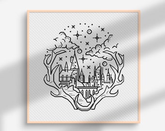 May include: Black and white line art print of a castle with a deer's antlers on either side. The castle is surrounded by stars and clouds. The print is framed in a light wood frame.