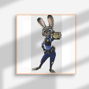 Puede incluir: Impresión enmarcada de Judy Hopps de Zootopia. El conejo de dibujos animados viste un uniforme de policía y sostiene una placa. La obra de arte está sobre un fondo blanco y gris claro, con una sombra proyectada sobre el marco.