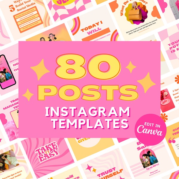 80 Colorful Instagram Templates, Retro Instagram Templates, Pink Orange Canva Design, Instagram Templates for Business, Bright, Groovy