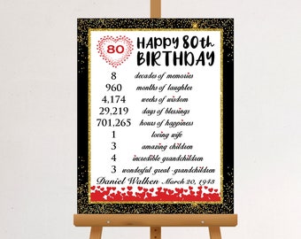Personalized 80th Birthday Gold Accent Party Print, 80 Years Time Facts, How Many Months, Party Decoration, Digital File. 80th Party Decor.