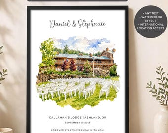 Personalized Wedding Venue Print, Custom Wedding Location Art, Watercolor Venue Portrait, Anniversary Gift