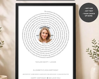 Personalized 40th Birthday Song Lyrics Poster, Custom Favorite Song Print, Milestone Gift for Her