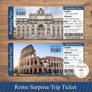Biglietto regalo stampabile per viaggio a sorpresa a Roma, carta d'imbarco, biglietto stampabile, biglietto di viaggio, biglietto per le vacanze, PDF modificabile scaricabile immediatamente