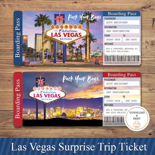 Boleto de regalo de viaje sorpresa a LAS VEGAS imprimible. Tarjeta de embarque. Boleto imprimible. Billete de viaje. Boleto de vacaciones. Descarga instantánea de PDF editable