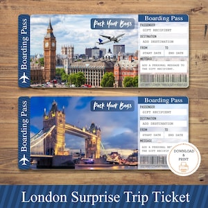 Ausdruckbare LONDON Surprise Trip Geschenkkarte. Bordkarte. Druckvorlage. Fahrtkarte. England Urlaubstickets.Instant Download