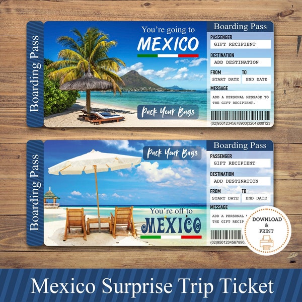 Printable MEXICO Surprise Trip Gift Ticket. Boarding Pass. Printable Ticket. Trip Ticket. Vacation Ticket. Editable PDF Instant Download