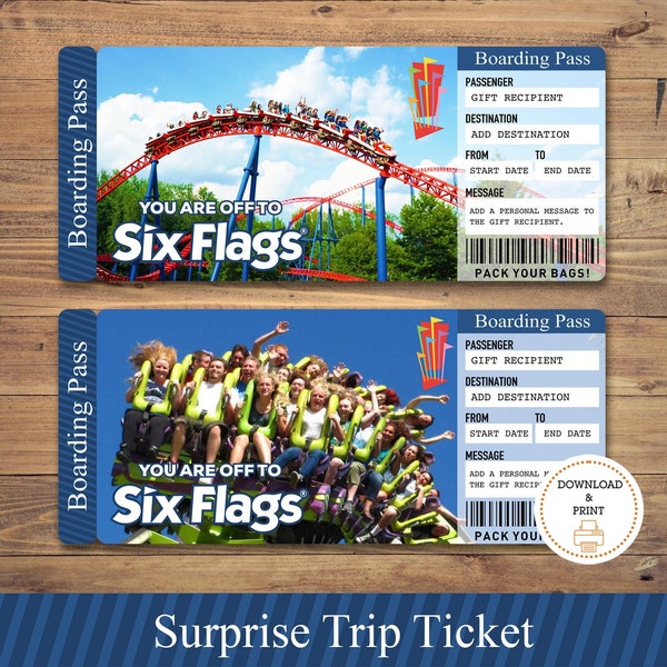 Printable SIX FLAGS Surprise Gift Ticket. Boarding Pass. Trip Ticket. Admission Ticket. Instant Download. Editable PDF File.Ticket Editable.