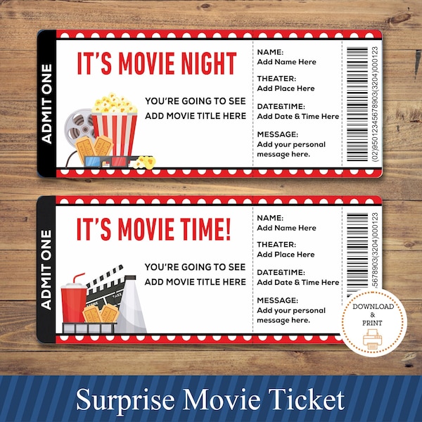 Printable MOVIE Gift Tickets. Cinema Themed Gift Reveal Ticket. Printable Boarding Pass. Instant Download. Movie Ticket Birthday Party.