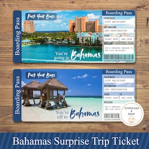 Billet cadeau modifiable pour un voyage surprise aux BAHAMAS. Carte d'embarquement. Billet. Billet de voyage. Billet vacances. Téléchargement instantané. Fichier PDF modifiable.