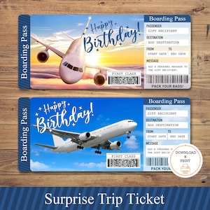 Birthday Airplane Ticket Printable, Surprise Trip Ticket, Boarding Pass, Birthday Gift, Surprise Vacation, Editable Airplane Ticket